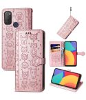 For Alcatel 1S 2021 Lovely Cat and Dog Embossing Pattern Horizontal Flip Leather Case , with Holder & Card Slots & Wallet & Cartoon Clasp & Lanyard(Rose Gold)