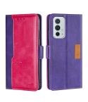For OnePlus 9RT 5G Retro Texture Contrast Color Side Buckle Horizontal Flip Leather Phone Case with Holder & Card Slots & Wallet(Purple+Rose Red)