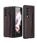 For Samsung Galaxy Z Fold3 5G Litchi Texture Hinge Protection Folding Phone Case with Pen Cover(Brown)