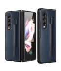 For Samsung Galaxy Z Fold3 5G Litchi Texture Hinge Protection Folding Phone Case with Pen Cover(Blue)