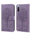 For Sony Xperia 10 III Tree & Deer Pattern Pressed Flip Leather Phone Case(Purple)