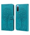For Sony Xperia 10 III Tree & Deer Pattern Pressed Flip Leather Phone Case(Blue)