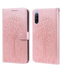 For Sony Xperia 10 III Tree & Deer Pattern Pressed Flip Leather Phone Case(Pink)