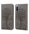 For Sony Xperia 10 III Tree & Deer Pattern Pressed Flip Leather Phone Case(Grey)
