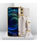For OPPO A17 Electroplated TPU Crocodile Pattern Leather Case with Wrist Strap(White)