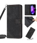 For Tecno Pova Neo 2 Skin Feel Stripe Pattern Leather Phone Case with Lanyard(Black)