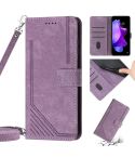 For Tecno Pova 3 Skin Feel Stripe Pattern Leather Phone Case with Lanyard(Purple)