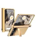 For Google Pixel Fold Litchi Pattern Electroplating Pen Slot Double Hinge Folding Phone Case with Stylus(Gold)