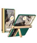 For Google Pixel Fold Litchi Pattern Electroplating Pen Slot Double Hinge Folding Phone Case with Stylus(Green)