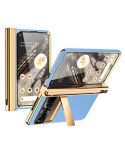For Google Pixel Fold Litchi Pattern Electroplating Pen Slot Double Hinge Folding Phone Case with Stylus(Blue)