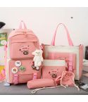 5pcs/Set Student Schoolbags, Lightweight and Cute Girls Backpack with Bear(Pink)