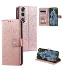 For Sony Xperia 1 VII Totem Flower Embossed Leather Phone Case with Lanyard(Rose Gold)