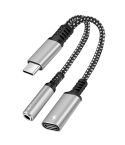 2 in 1 USB-C / Type-C Male to PD 60W USB-C / Type-C Charging + 3.5mm Audio Female Earphone Adapter (Silver)