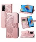 For OPPO F19  4G/ A74 4G Butterfly Love Flower Embossed Horizontal Flip Leather Case with Bracket / Card Slot / Wallet / Lanyard(Rose Gold)