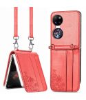 For Huawei  P50 Pocket Diagonal Embossed Card Folding Phone Case(Red)