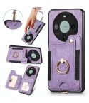 For Huawei Mate 60 Pro Retro Skin-feel Ring Multi-card RFID Wallet Phone Case with Lanyard(Purple)