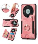 For Huawei Mate 60 Pro Retro Skin-feel Ring Multi-card RFID Wallet Phone Case with Lanyard(Pink)