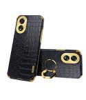 For OPPO A38 6D Electroplating Crocodile Texture Leather Back Phone Case with Holder(Black)