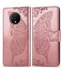 For One Plus 7T  Butterfly Love Flower Embossed Horizontal Flip Leather Case with Bracket Lanyard Card Slot Wallet(Rose Gold)