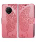 For One Plus 7T  Butterfly Love Flower Embossed Horizontal Flip Leather Case with Bracket Lanyard Card Slot Wallet(Pink)