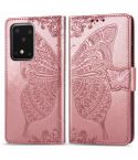For Samsung Galaxy S20 Ultra Butterfly Love Flower Embossed Horizontal Flip Leather Case with Bracket / Card Slot / Wallet / Lanyard(Rose Gold)