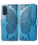 For Galaxy S20 Butterfly Love Flower Embossed Horizontal Flip Leather Case with Bracket / Card Slot / Wallet / Lanyard(Blue)