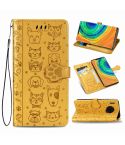 For Huawei Mate 30 Pro Cute Cat and Dog Embossed Horizontal Flip PU Leather Case with Holder / Card Slot / Wallet / Lanyard(Yellow)