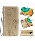 For Huawei Mate 30 Pro Cute Cat and Dog Embossed Horizontal Flip PU Leather Case with Holder / Card Slot / Wallet / Lanyard(Gold)