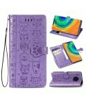 For Huawei Mate 30 Pro Cute Cat and Dog Embossed Horizontal Flip PU Leather Case with Holder / Card Slot / Wallet / Lanyard(Purple)