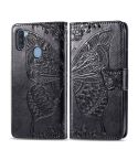 For Galaxy A11 Butterfly Love Flower Embossed Horizontal Flip Leather Case with Bracket / Card Slot / Wallet / Lanyard(Black)