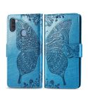 For Galaxy A11 Butterfly Love Flower Embossed Horizontal Flip Leather Case with Bracket / Card Slot / Wallet / Lanyard(Blue)