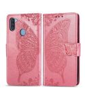 For Galaxy A11 Butterfly Love Flower Embossed Horizontal Flip Leather Case with Bracket / Card Slot / Wallet / Lanyard(Pink)