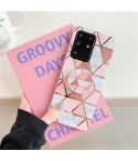 For Galaxy S20 Plating Colorful Geometric Pattern Mosaic Marble TPU Mobile Phone Case with Folding Bracket(Pink PF1)