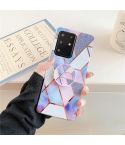 For Galaxy S20 Plating Colorful Geometric Pattern Mosaic Marble TPU Mobile Phone Case with Folding Bracket(Blue PF4)
