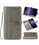 For Sony Xperia 10 II Cute Cat and Dog Embossed Horizontal Flip Leather Case with Bracket / Card Slot / Wallet / Lanyard(Gray)