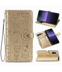 For Sony Xperia 10 II Cute Cat and Dog Embossed Horizontal Flip Leather Case with Bracket / Card Slot / Wallet / Lanyard(Gold)
