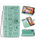 For Galaxy M11 Cute Cat and Dog Embossed Horizontal Flip Leather Case with Bracket / Card Slot / Wallet / Lanyard(Green)