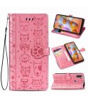 For Galaxy A11 Cute Cat and Dog Embossed Horizontal Flip Leather Case with Bracket / Card Slot / Wallet / Lanyard(Pink)