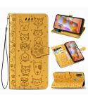 For Galaxy A11 Cute Cat and Dog Embossed Horizontal Flip Leather Case with Bracket / Card Slot / Wallet / Lanyard(Yellow)
