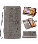 For Galaxy A11 Cute Cat and Dog Embossed Horizontal Flip Leather Case with Bracket / Card Slot / Wallet / Lanyard(Gray)
