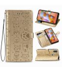 For Galaxy A11 Cute Cat and Dog Embossed Horizontal Flip Leather Case with Bracket / Card Slot / Wallet / Lanyard(Gold)