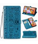 For Galaxy A11 Cute Cat and Dog Embossed Horizontal Flip Leather Case with Bracket / Card Slot / Wallet / Lanyard(Blue)