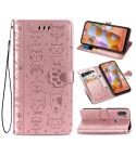 For Galaxy A11 Cute Cat and Dog Embossed Horizontal Flip Leather Case with Bracket / Card Slot / Wallet / Lanyard(Rose Gold)