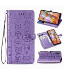 For Galaxy A11 Cute Cat and Dog Embossed Horizontal Flip Leather Case with Bracket / Card Slot / Wallet / Lanyard(Purple)