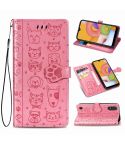 For Galaxy A01 Cute Cat and Dog Embossed Horizontal Flip Leather Case with Bracket / Card Slot / Wallet / Lanyard(Pink)