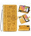 For Galaxy A01 Cute Cat and Dog Embossed Horizontal Flip Leather Case with Bracket / Card Slot / Wallet / Lanyard(Yellow)
