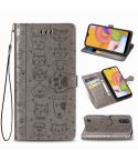 For Galaxy A01 Cute Cat and Dog Embossed Horizontal Flip Leather Case with Bracket / Card Slot / Wallet / Lanyard(Gray)