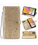 For Galaxy A01 Cute Cat and Dog Embossed Horizontal Flip Leather Case with Bracket / Card Slot / Wallet / Lanyard(Gold)