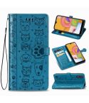 For Galaxy A01 Cute Cat and Dog Embossed Horizontal Flip Leather Case with Bracket / Card Slot / Wallet / Lanyard(Blue)