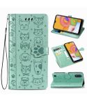 For Galaxy A01 Cute Cat and Dog Embossed Horizontal Flip Leather Case with Bracket / Card Slot / Wallet / Lanyard(Green)